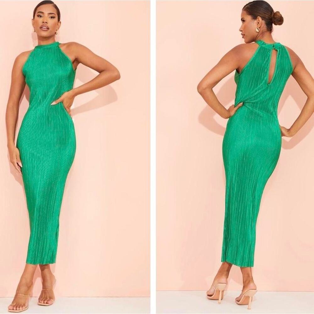 NWT Pretty Little Thing Green Plisse High Neck Midi Dress Pleated Size 8